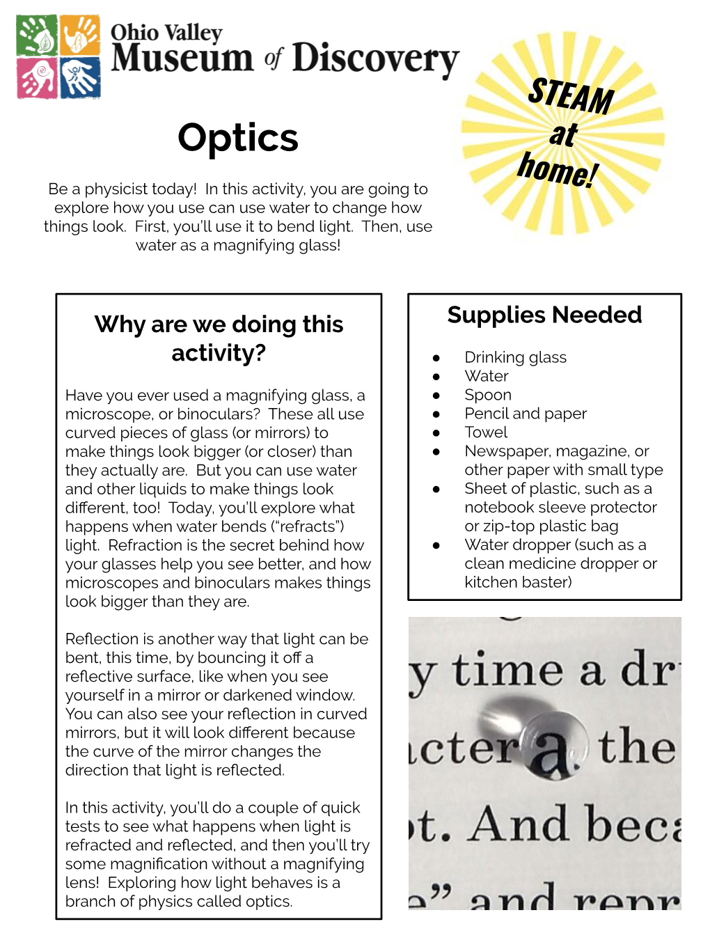 Optics at Home! Be a Physicist Today! in This Activity, You Are Going to Explore How You Use Can Use Water to Change How Things Look