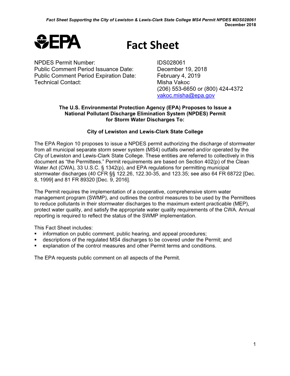 Fact Sheet for the Draft NPDES Permit for the City of Lewiston and Lewis Clark State College
