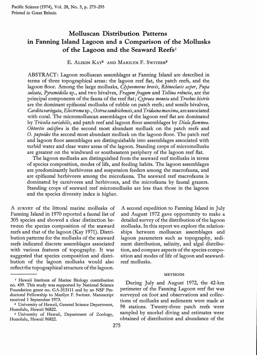 Molluscan Distribution Patterns in Fanning Island Lagoon and a Comparison of the Mollusks of the Lagoon and the Seaward Reefsi