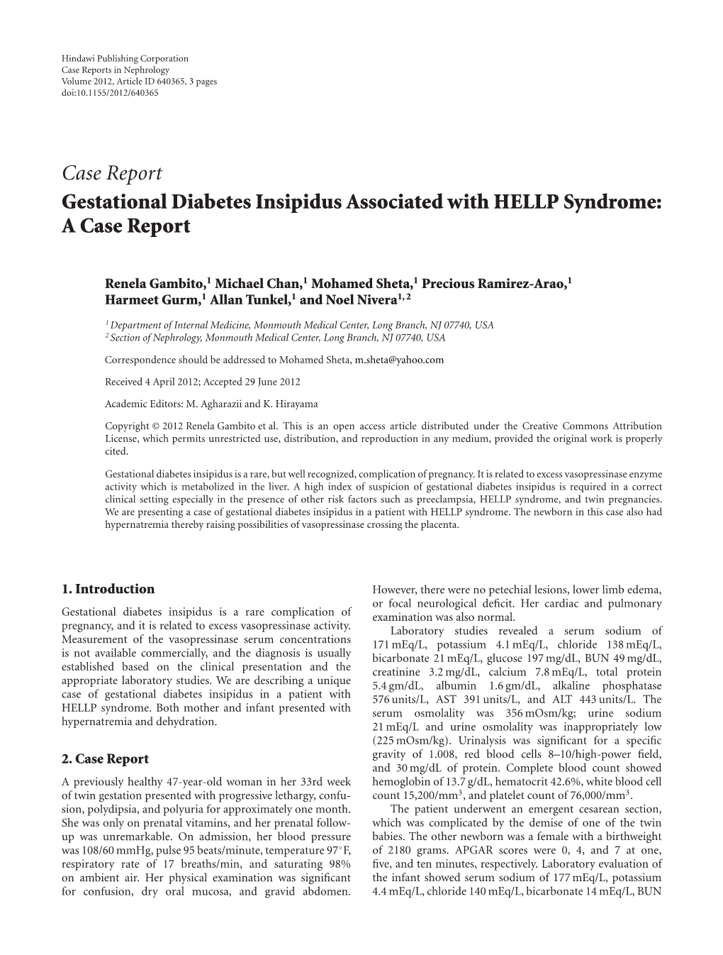 Case Report Gestational Diabetes Insipidus Associated with HELLP Syndrome: Acasereport