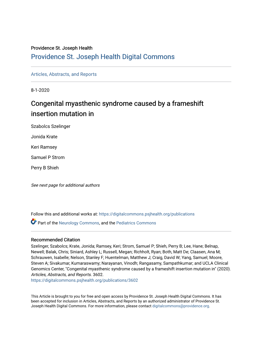 Congenital Myasthenic Syndrome Caused by a Frameshift Insertion Mutation In