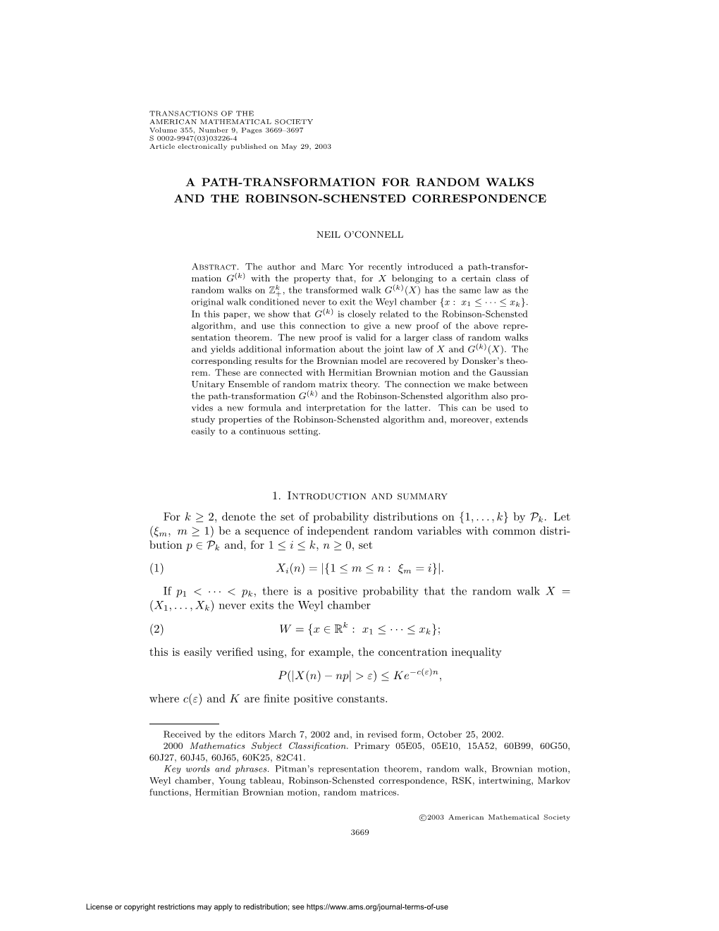 A Path-Transformation for Random Walks and the Robinson-Schensted Correspondence