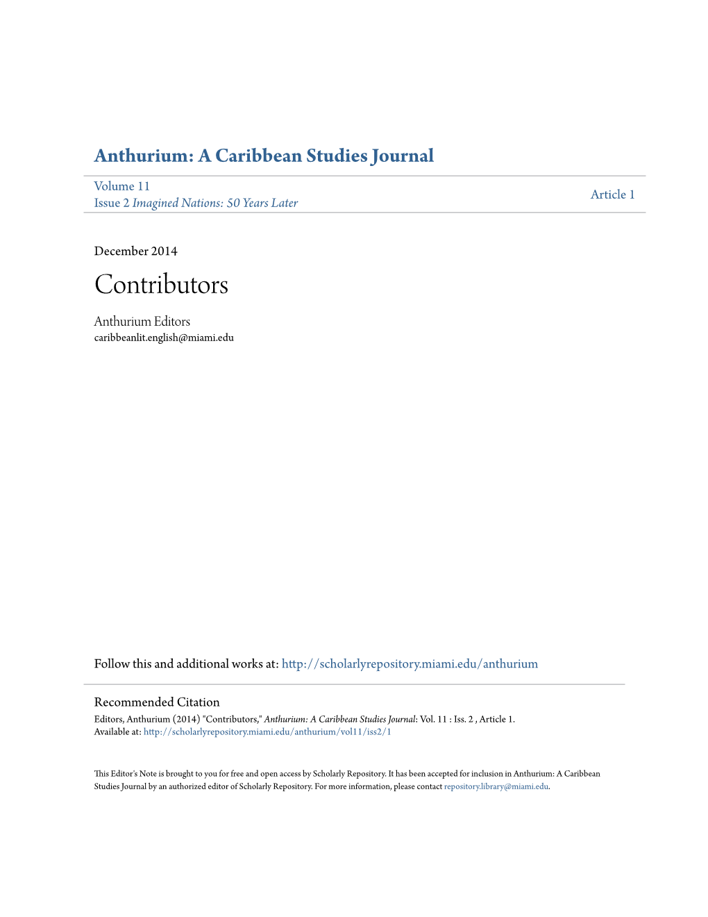 Contributors Anthurium Editors Caribbeanlit.English@Miami.Edu