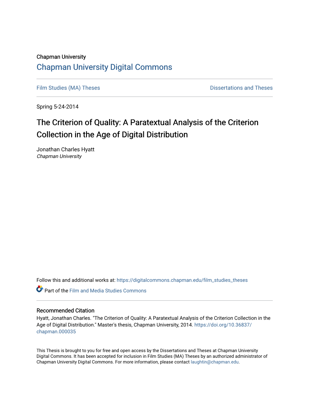 The Criterion of Quality: a Paratextual Analysis of the Criterion Collection in the Age of Digital Distribution