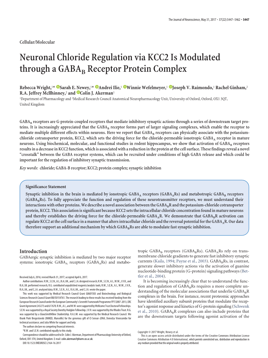 Neuronal Chloride Regulation Via KCC2 Is Modulated Through a GABAB Receptor Protein Complex