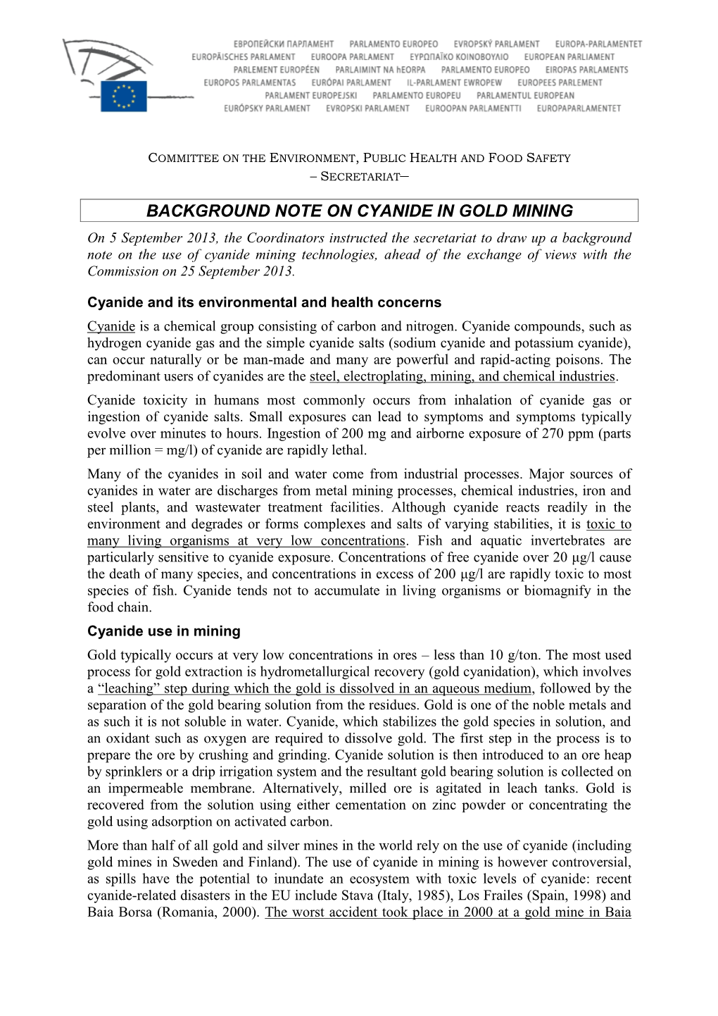 Background Note on Cyanide in Gold Mining