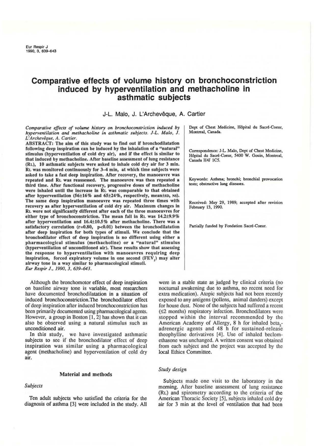 Comparative Effects of Volume History on Bronchoconstriction Induced by Hyperventilation and Methacholine in Asthmatic Subjects