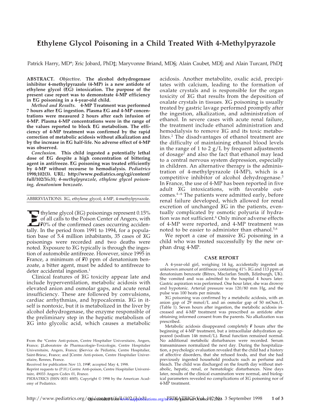 Ethylene Glycol Poisoning in a Child Treated with 4-Methylpyrazole