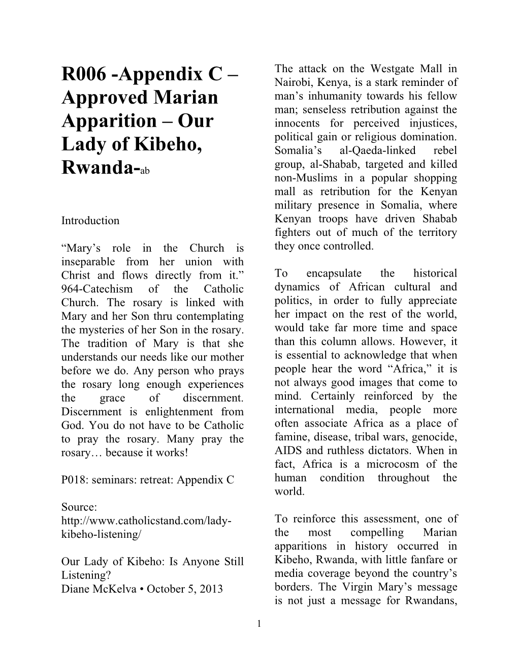 R006 -Appendix C – Approved Marian Apparition – Our Lady of Kibeho
