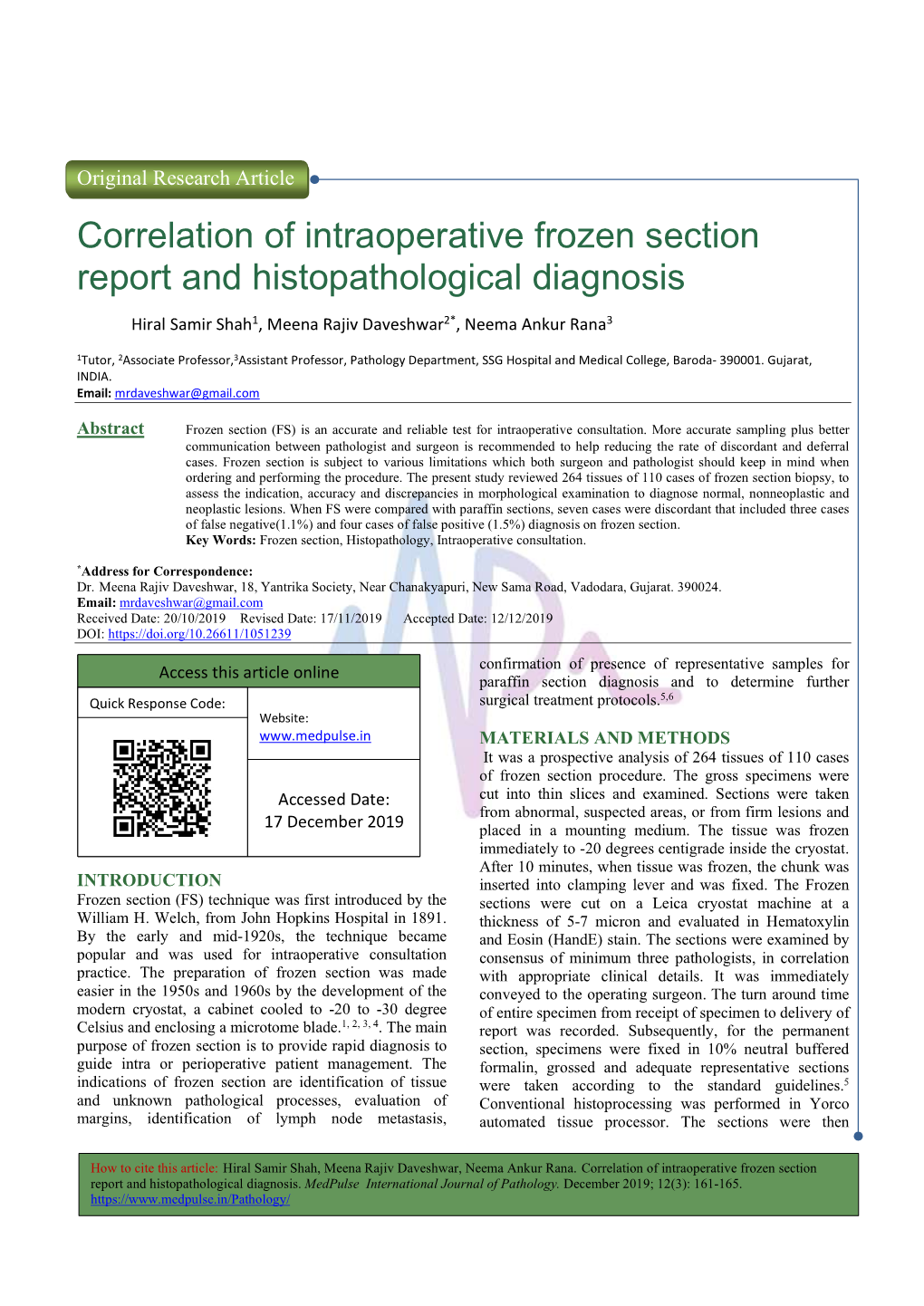 Correlation of Intraoperative Frozen Section Report and Histopathological Diagnosis