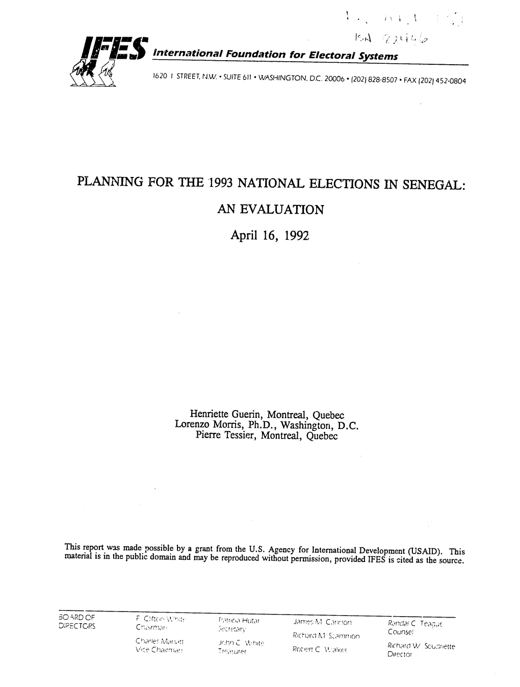 Planning for the 1993 National Elections in Senegal: an Evaluation