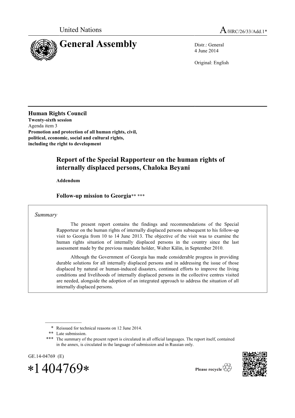Report of the Special Rapporteur on the Human Rights of Internally Displaced Persons, Chaloka Beyani