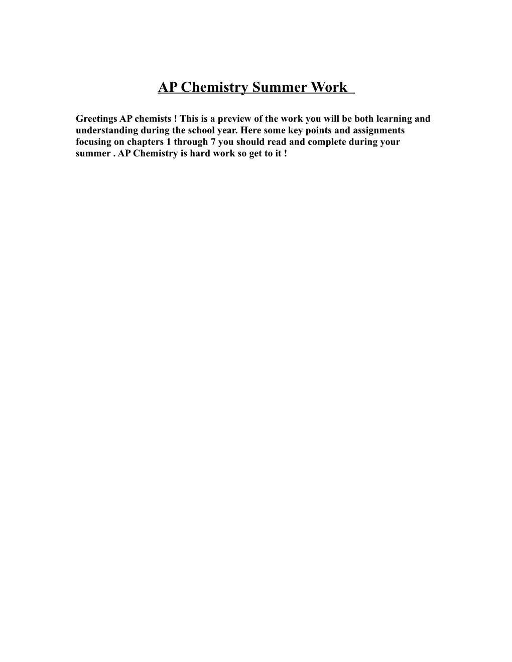 AP Chemistry Summer Work