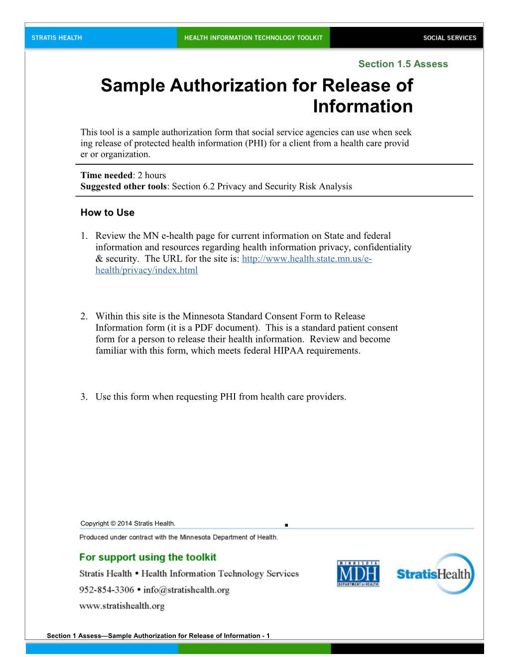 1 Sample Authorization for Release of Information