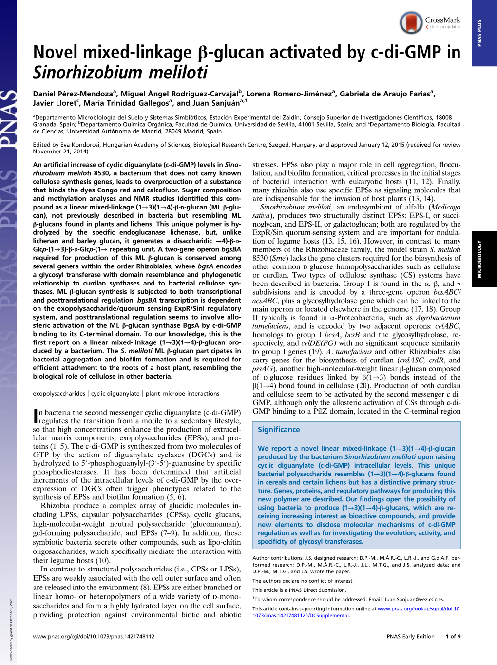 Novel Mixed-Linkage Β-Glucan Activated by C-Di-GMP in PNAS PLUS Sinorhizobium Meliloti