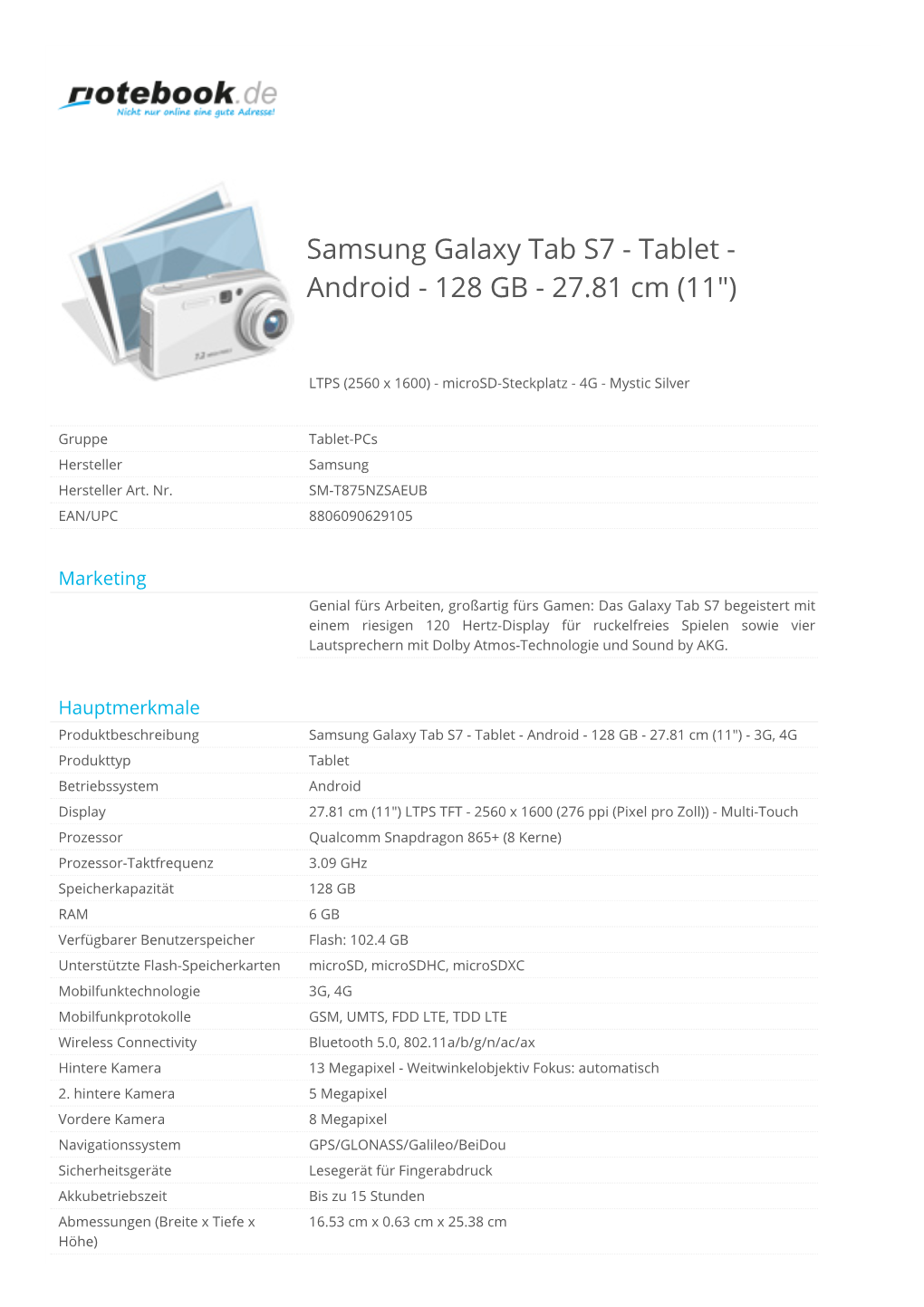 Samsung Galaxy Tab S7 - Tablet - Android - 128 GB - 27.81 Cm (11