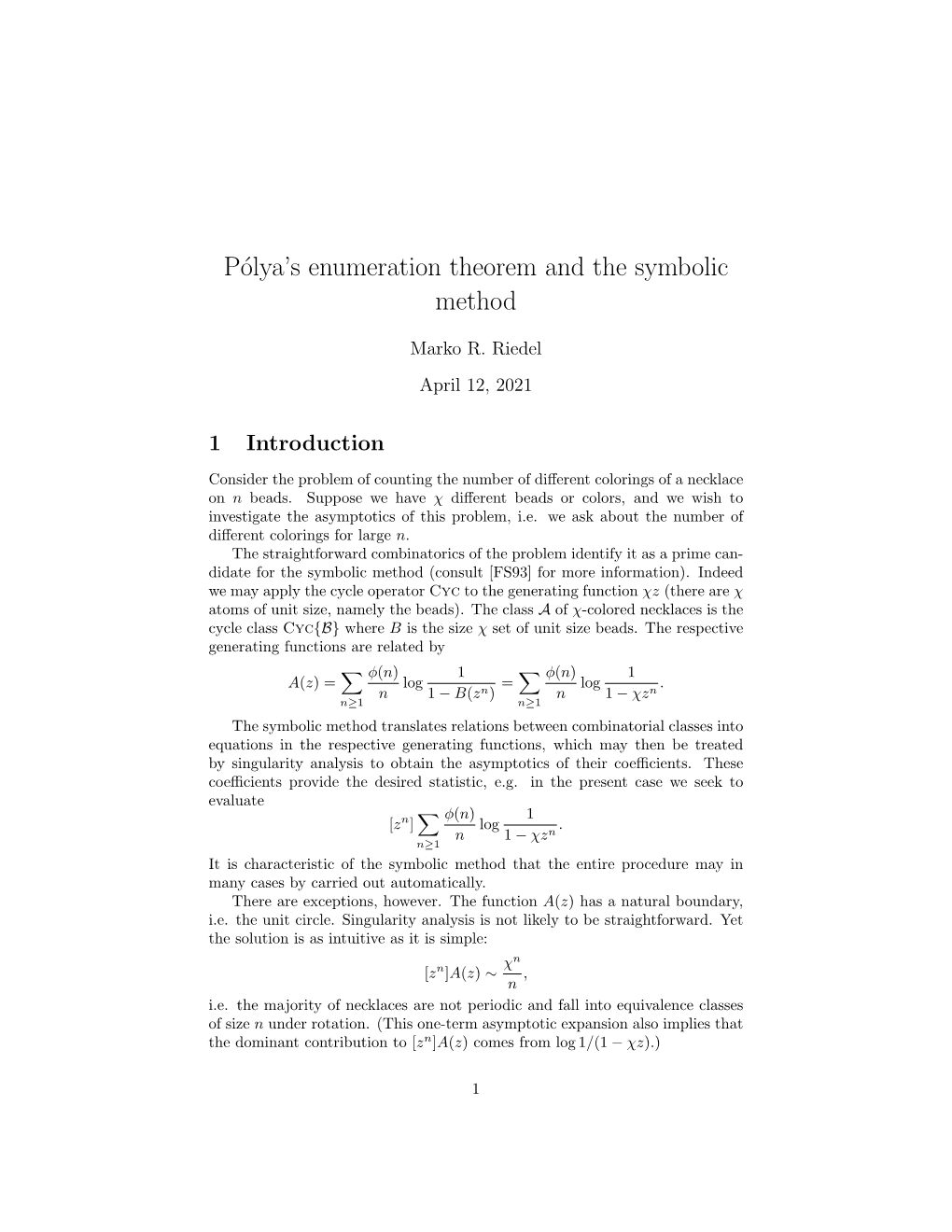 Pólya's Enumeration Theorem and the Symbolic Method