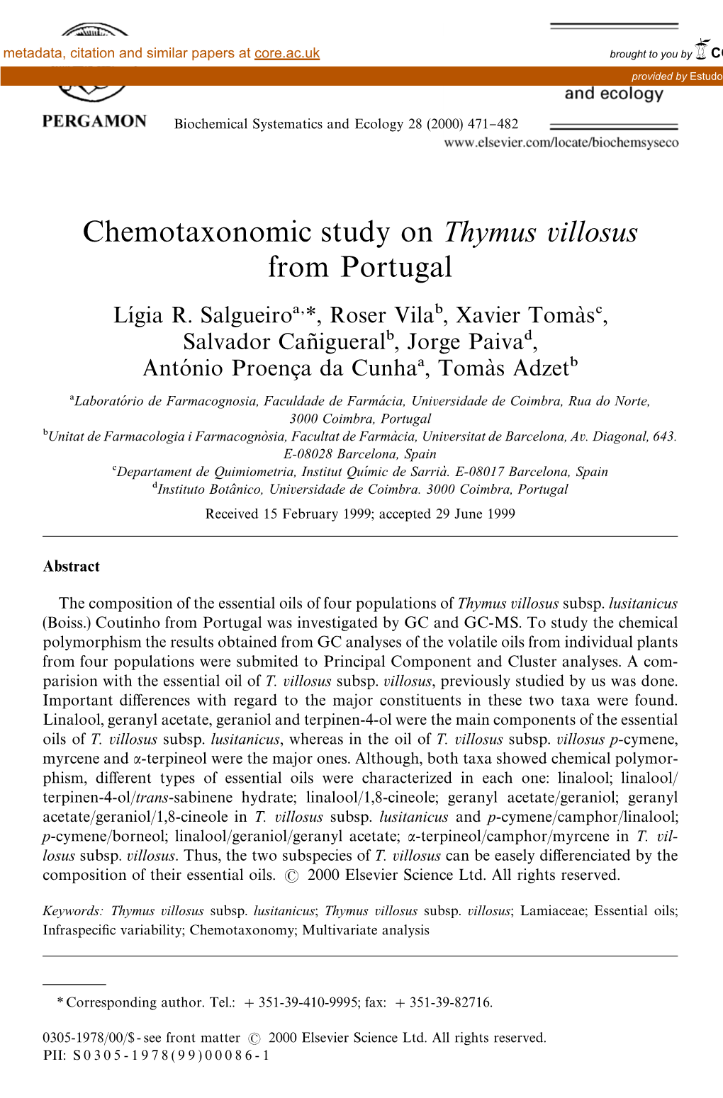 Chemotaxonomic Study on Thymus Villosus from Portugal Lmh Gia R