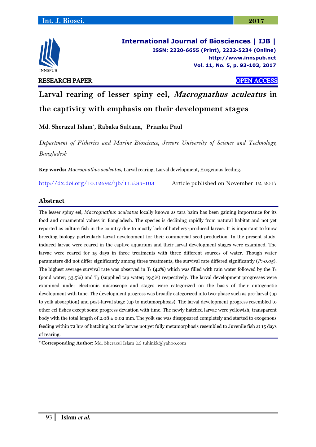 Larval Rearing of Lesser Spiny Eel, Macrognathus Aculeatus in the Captivity with Emphasis on Their Development Stages