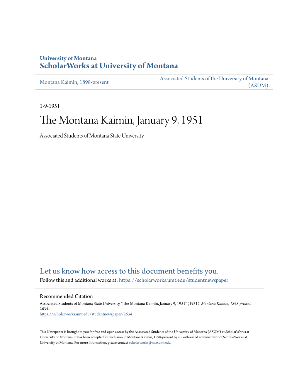 The Montana Kaimin, January 9, 1951