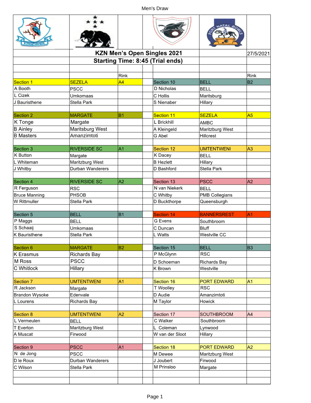 Draw Men's Singles (Amended)