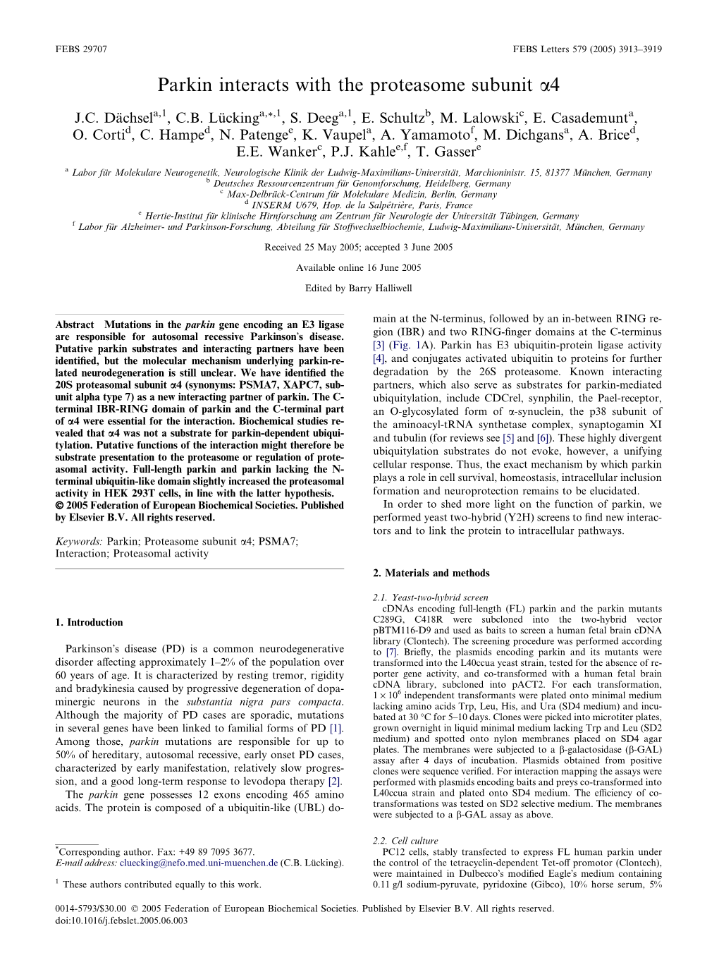 Parkin Interacts with the Proteasome Subunit A4