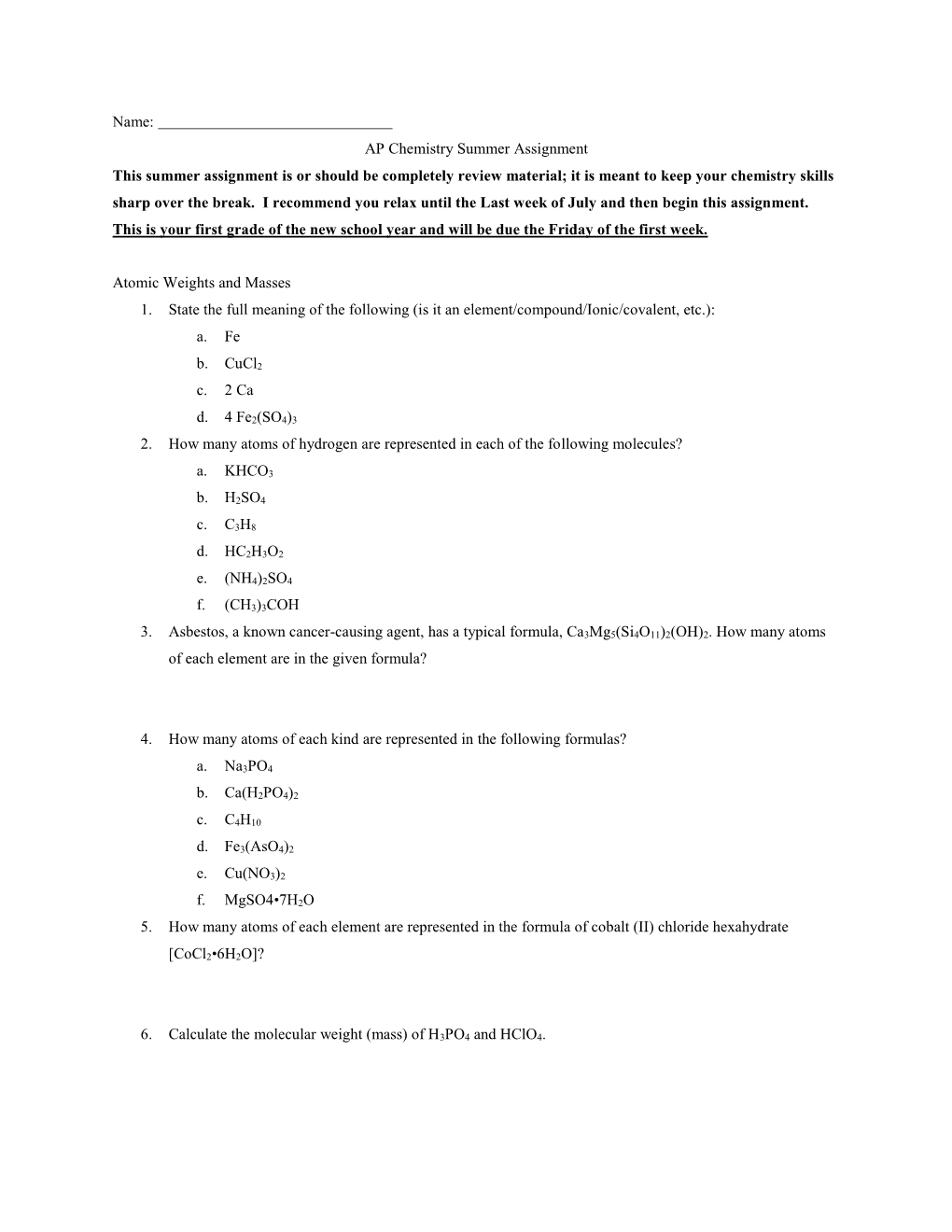 AP Chemistry Summer Assignment.Pdf