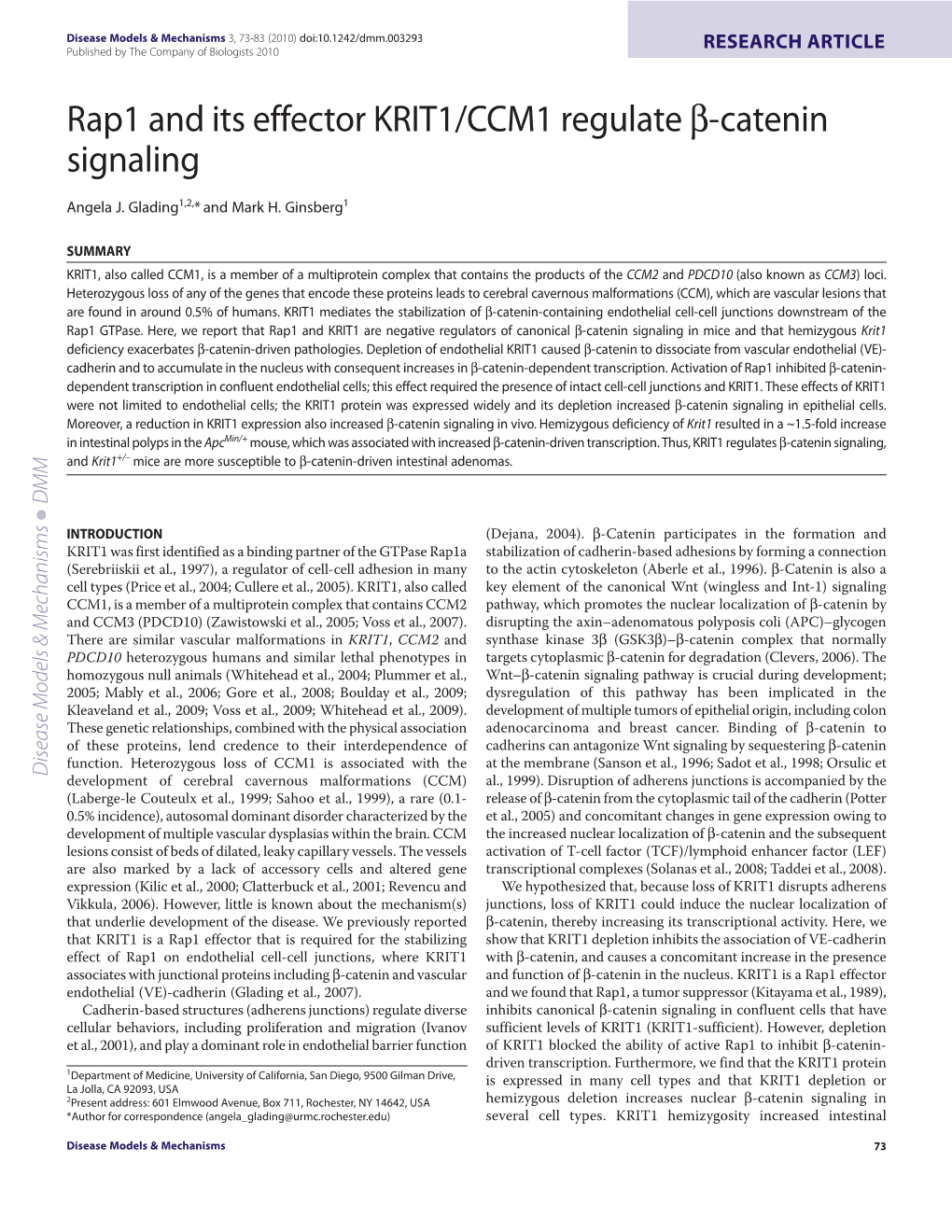 Rap1 and Its Effector KRIT1/CCM1 Regulate -Catenin Signaling