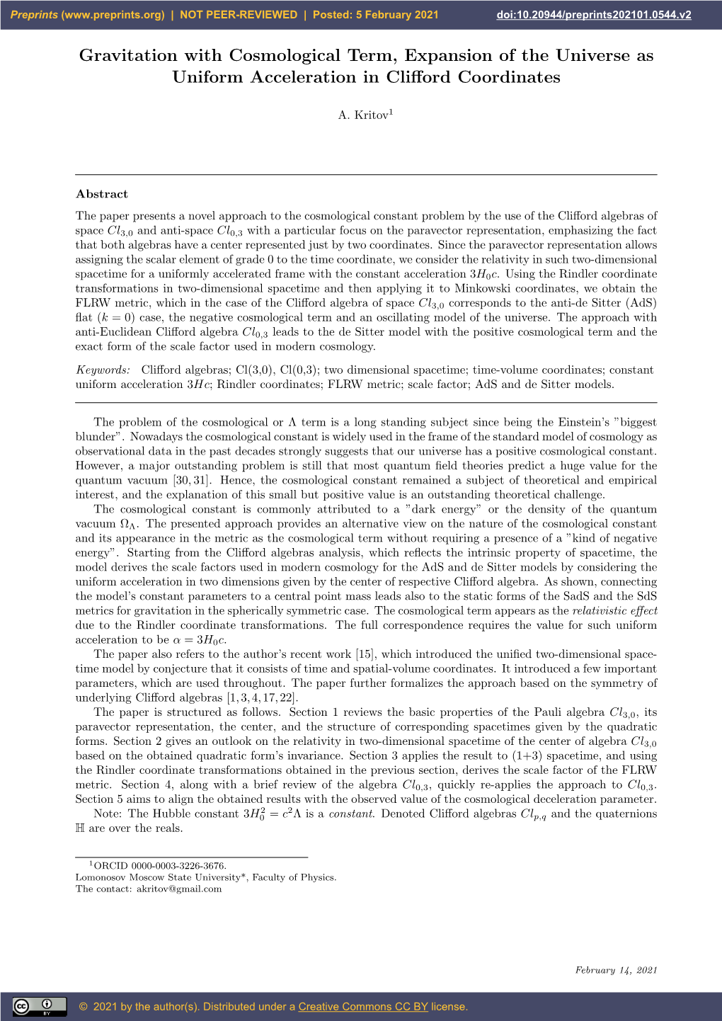 Gravitation with Cosmological Term, Expansion of the Universe As Uniform Acceleration in Cliﬀord Coordinates