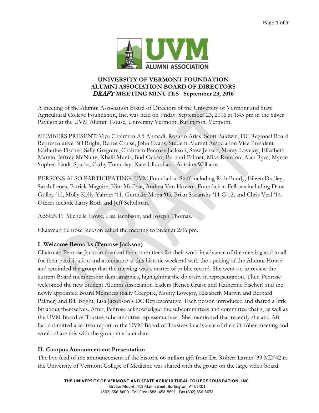 UNIVERSITY of VERMONT FOUNDATION ALUMNI ASSOCIATION BOARD of DIRECTORS DRAFT MEETING MINUTES September 23, 2016