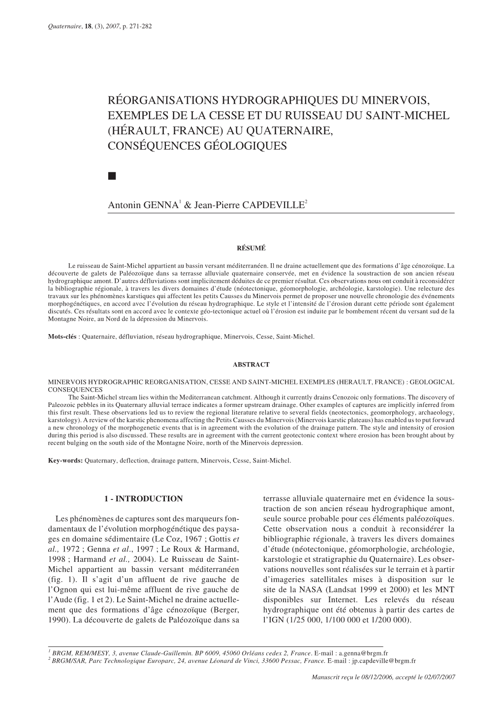 Réorganisations Hydrographiques Du Minervois, Exemples De La Cesse Et Du Ruisseau Du Saint-Michel (Hérault, France) Au Quaternaire, Conséquences Géologiques ⅲ