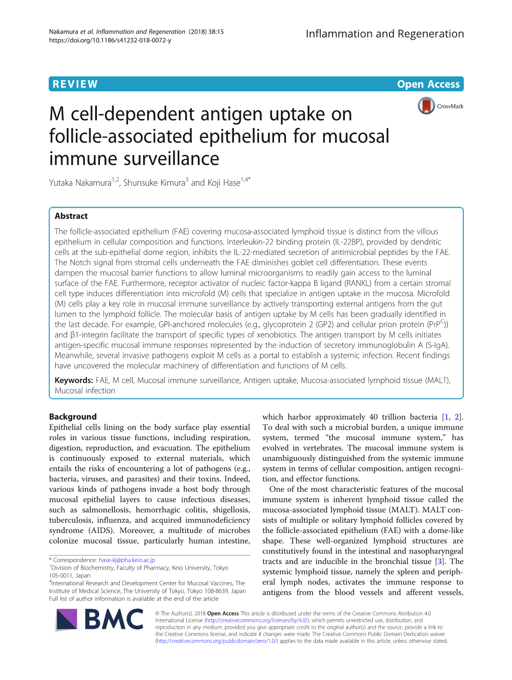 M Cell-Dependent Antigen Uptake on Follicle-Associated Epithelium for Mucosal Immune Surveillance Yutaka Nakamura1,2, Shunsuke Kimura3 and Koji Hase1,4*