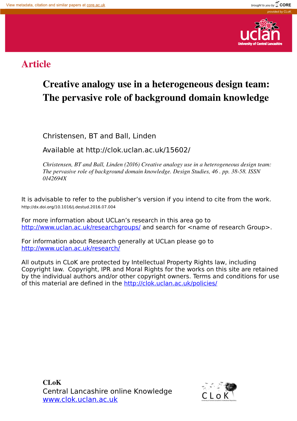 Article Creative Analogy Use in a Heterogeneous Design Team: The