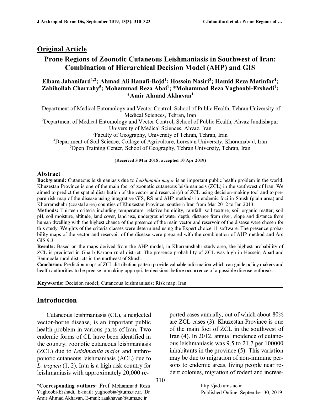 Original Article Prone Regions of Zoonotic Cutaneous Leishmaniasis in Southwest of Iran: Combination of Hierarchical Decision Model (AHP) and GIS