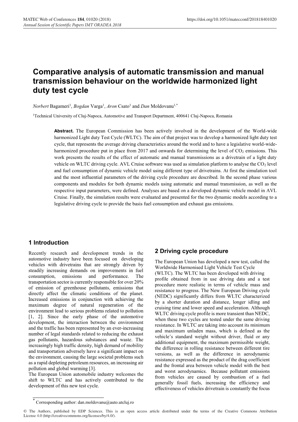 Comparative Analysis of Automatic Transmission and Manual Transmission Behaviour on the Worldwide Harmonized Light Duty Test Cycle