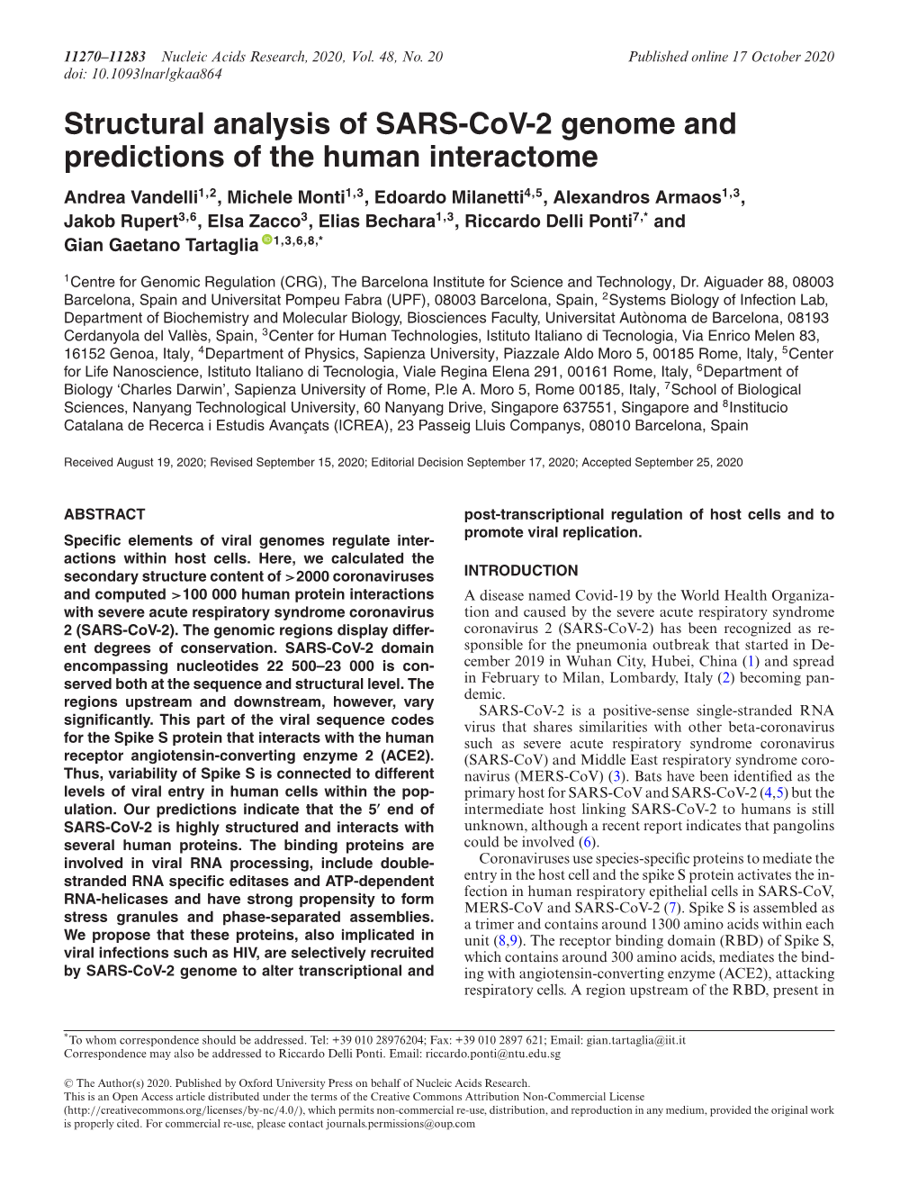 Structural Analysis of SARS-Cov-2 Genome and Predictions of the Human Interactome