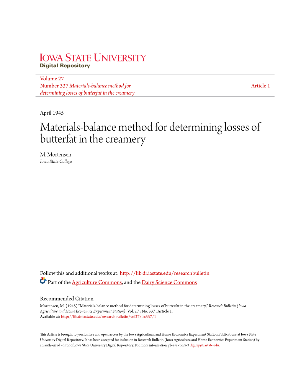 Materials-Balance Method for Determining Losses of Butterfat in the Creamery M