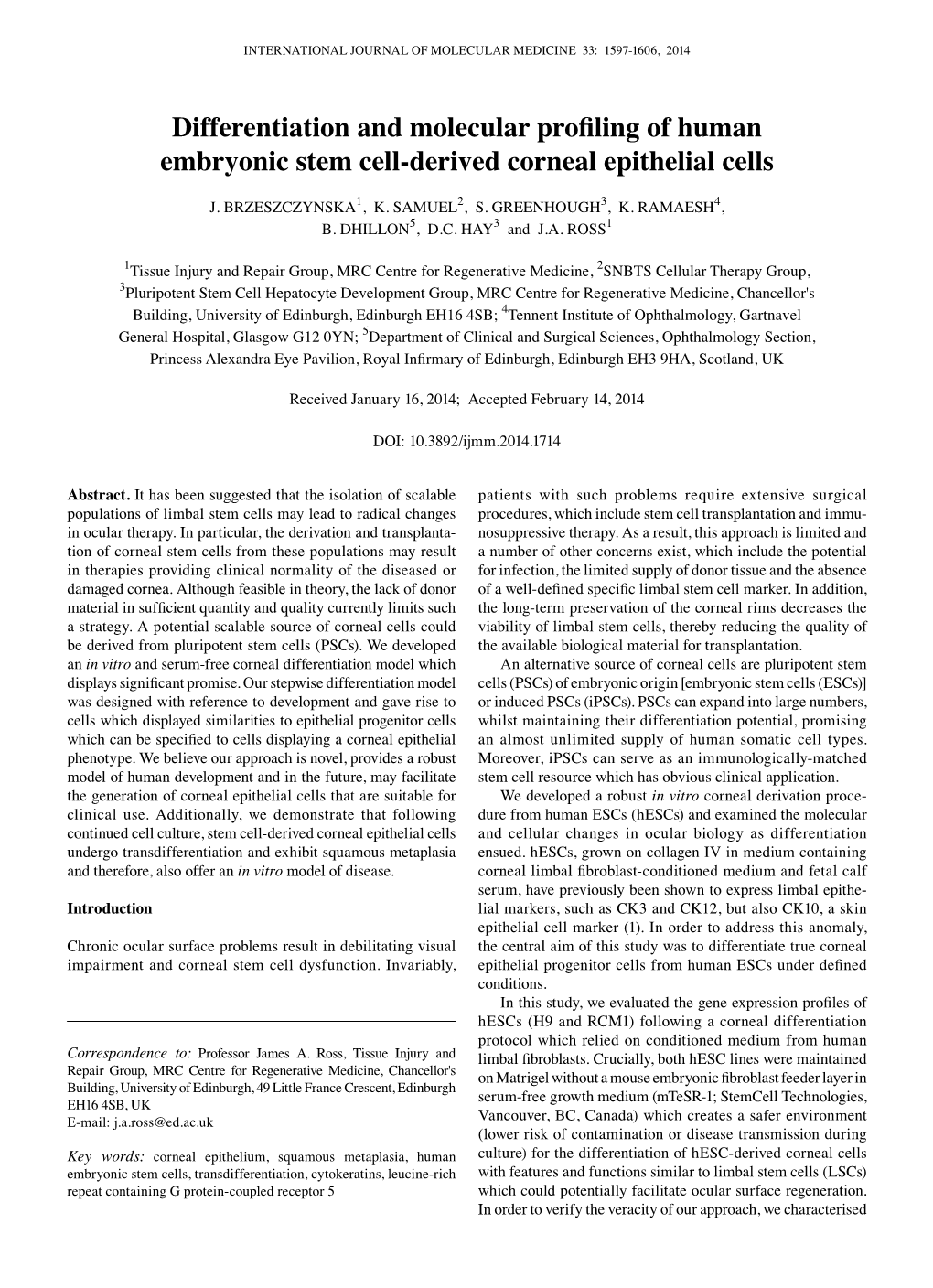 Differentiation and Molecular Profiling of Human Embryonic Stem Cell-Derived Corneal Epithelial Cells