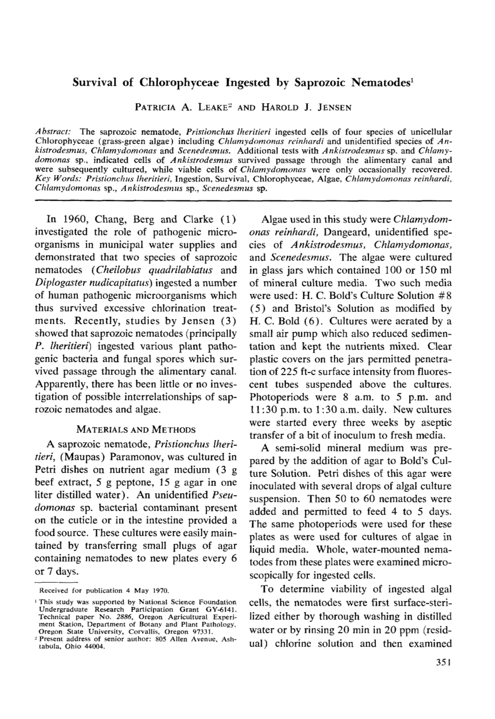 Survival of Chlorophyceae Ingested by Saprozoic Nematodes I