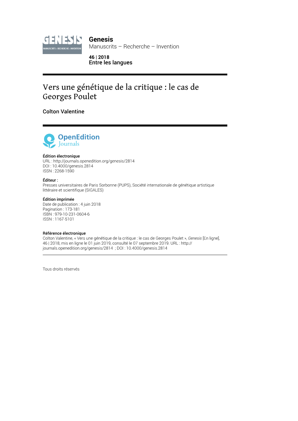 Vers Une Génétique De La Critique : Le Cas De Georges Poulet