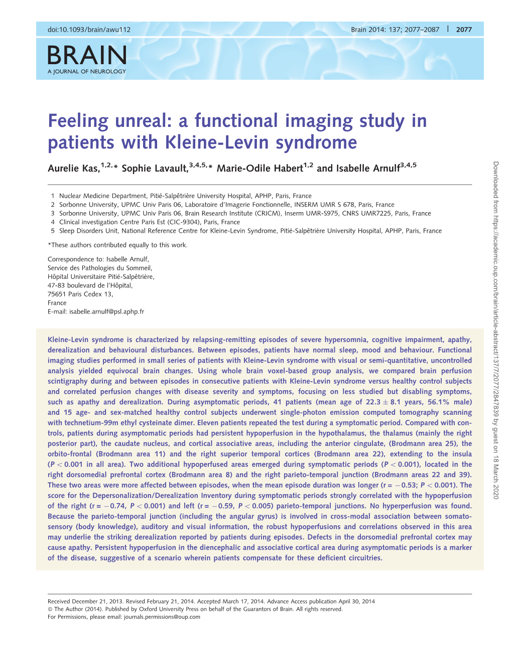 A Functional Imaging Study in Patients with Kleine-Levin Syndrome