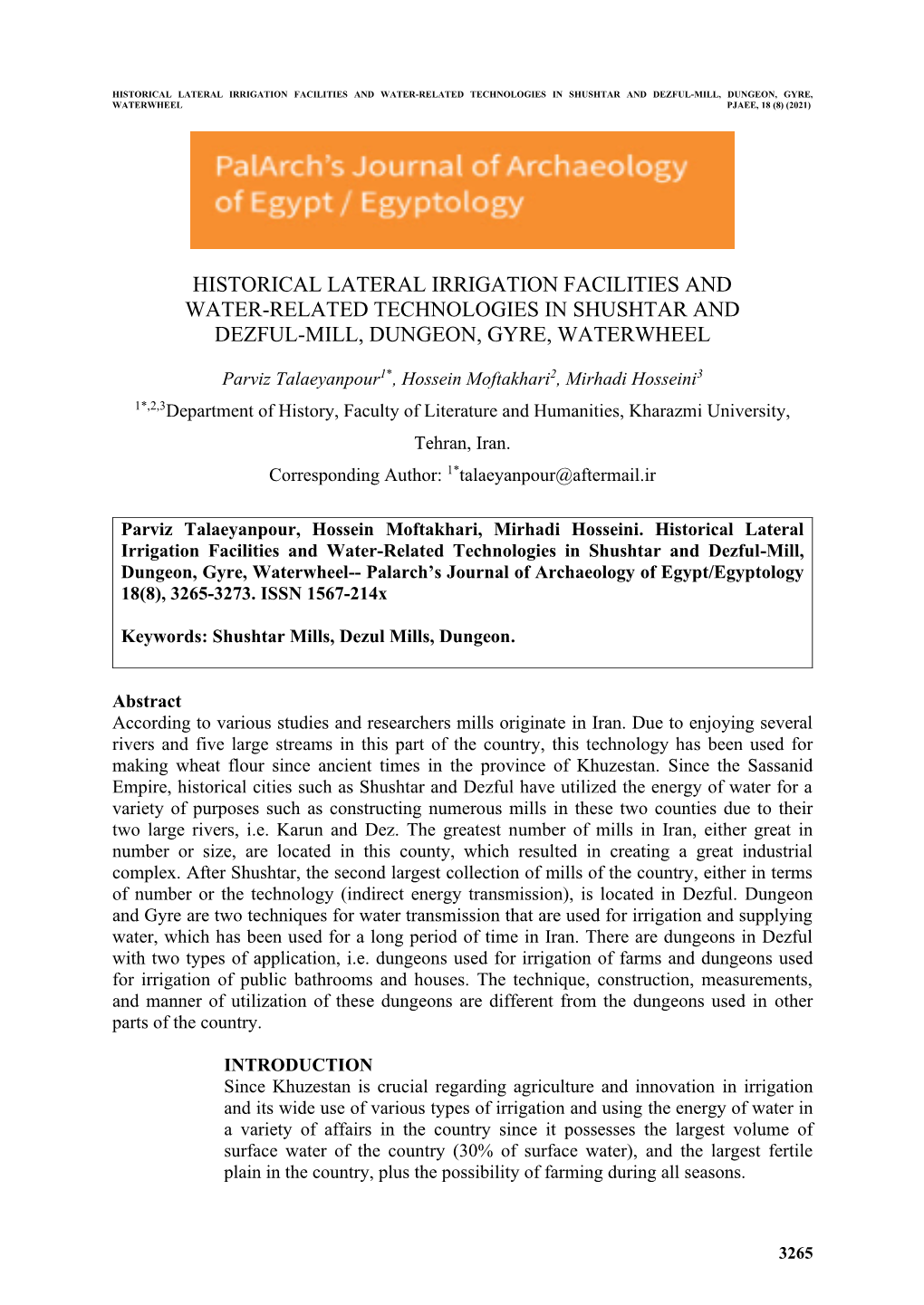 Historical Lateral Irrigation Facilities and Water-Related Technologies in Shushtar and Dezful-Mill, Dungeon, Gyre, Waterwheel Pjaee, 18 (8) (2021)