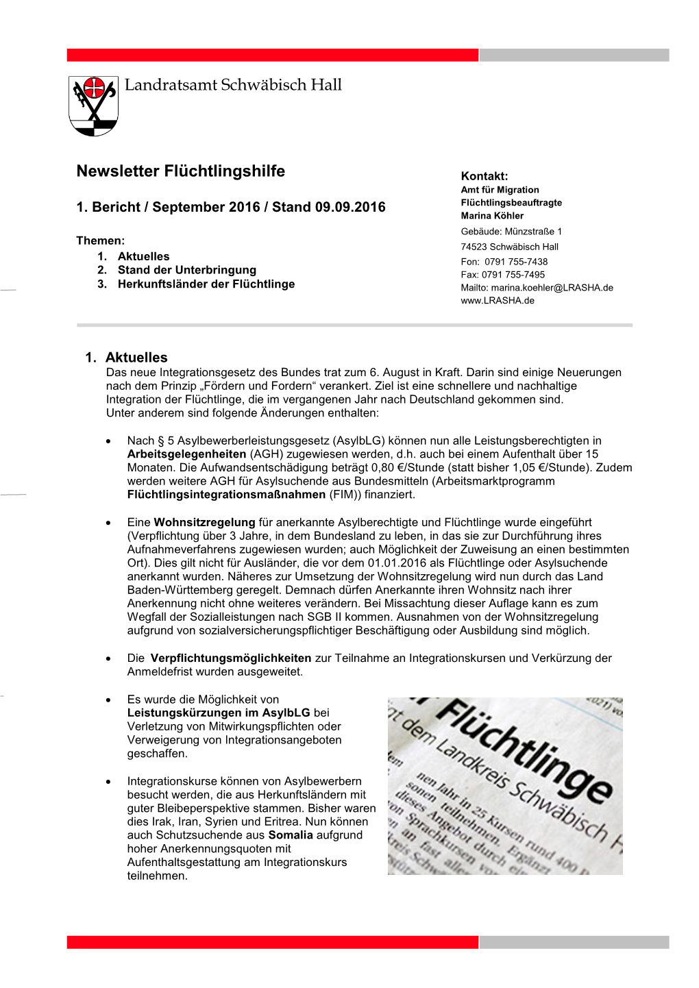 Landratsamt Schwäbisch Hall Newsletter Flüchtlingshilfe