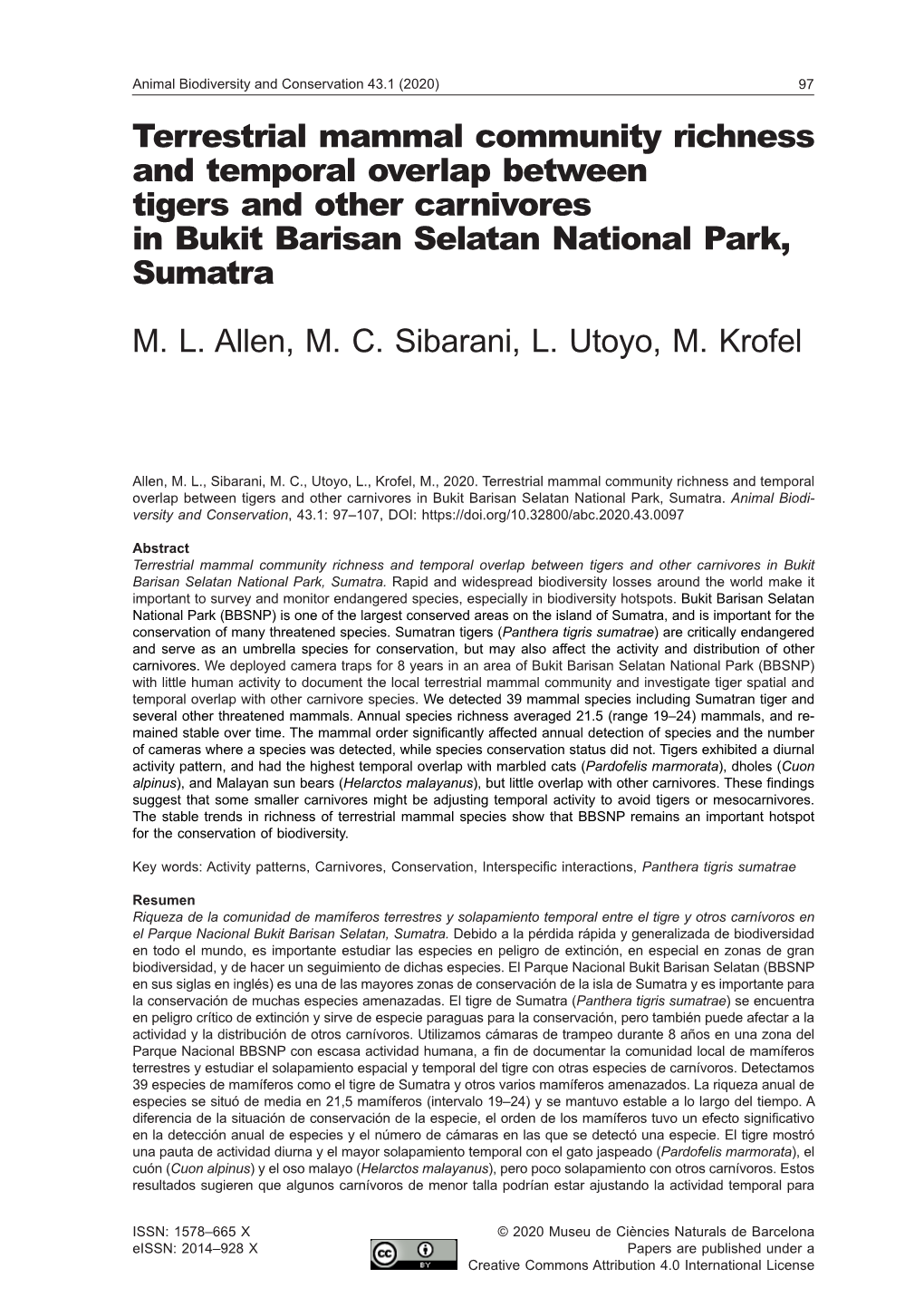 Terrestrial Mammal Community Richness and Temporal Overlap Between Tigers and Other Carnivores in Bukit Barisan Selatan National Park, Sumatra