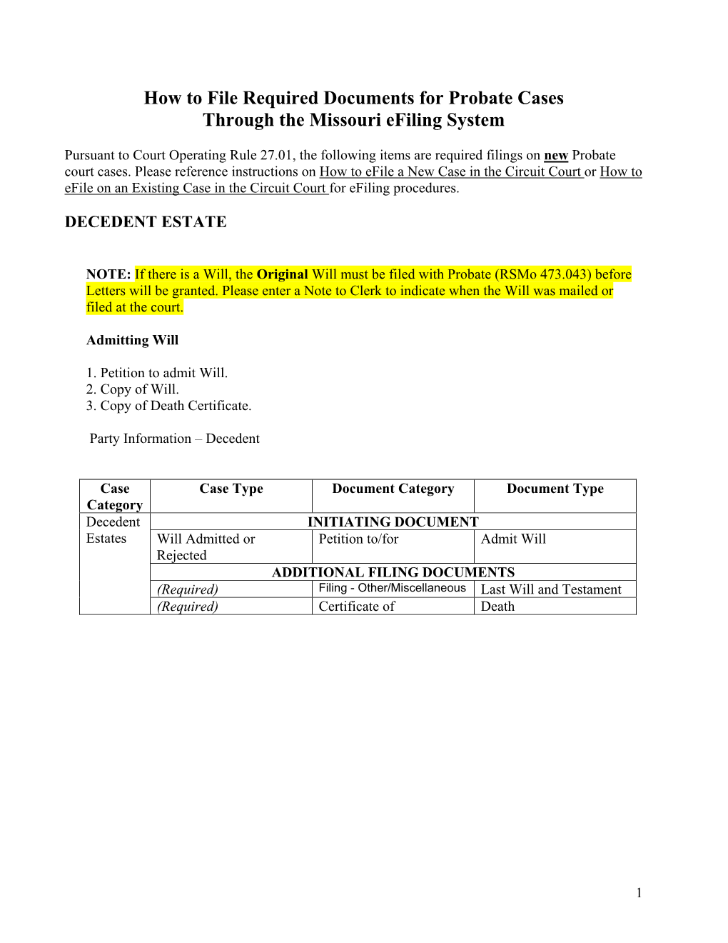 How to File Required Documents for a Decedent's Estate Case Through the Missouri Efiling System