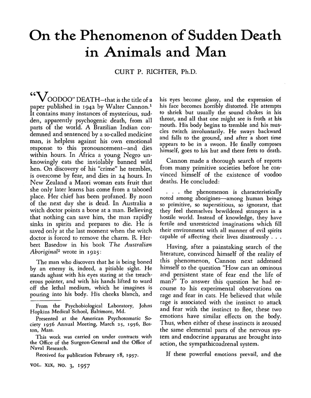 On the Phenomenon of Sudden Death in Animals and Man