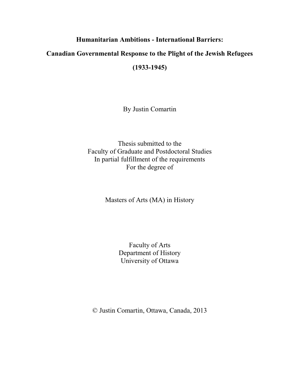 Canadian Governmental Response to the Plight of the Jewish Refugees