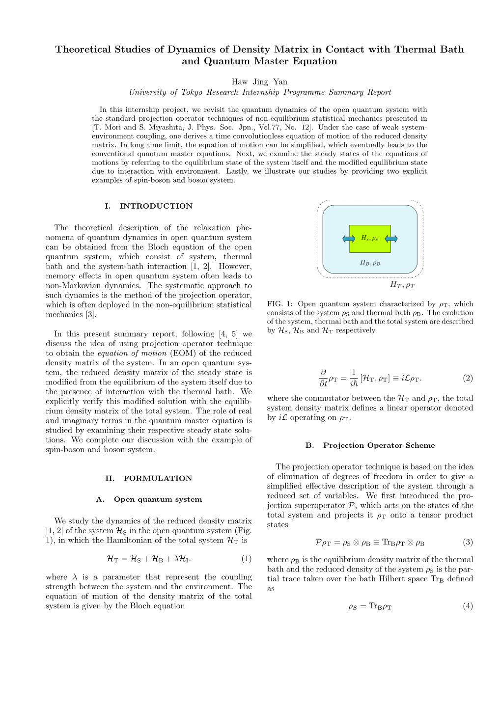 Theoretical Studies of Dynamics of Density Matrix in Contact with Thermal Bath and Quantum Master Equation