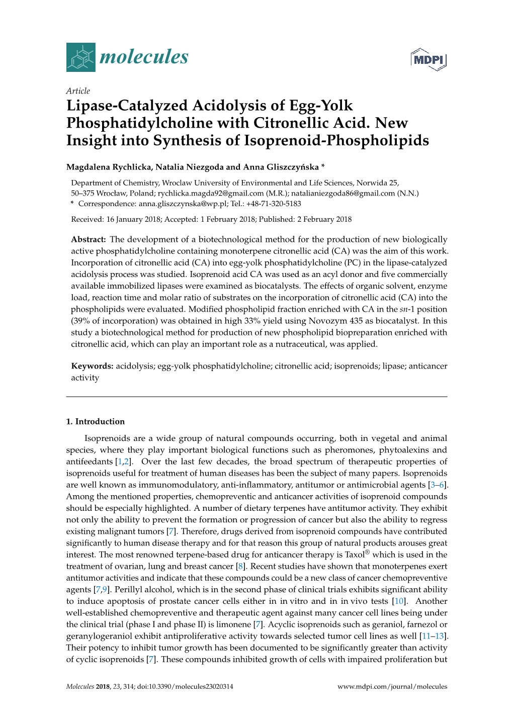 Lipase-Catalyzed Acidolysis of Egg-Yolk Phosphatidylcholine with Citronellic Acid