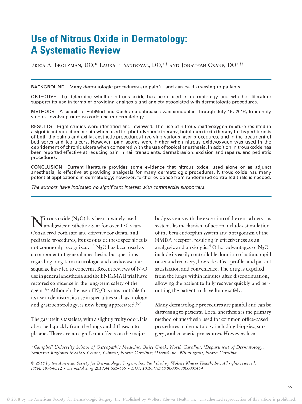 Use of Nitrous Oxide in Dermatology: a Systematic Review